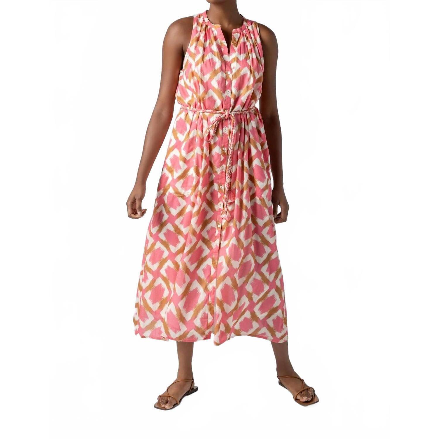 New Lilla P Split Neck Belted Maxi Dress In Punch Ikat Print